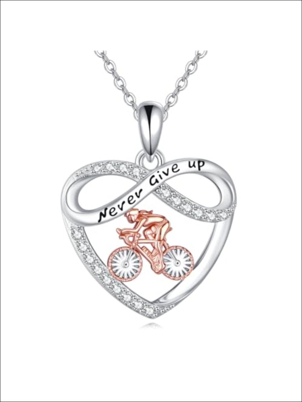 Sterling Silver Bike Pendant Necklace Never Give Up Cubic Zirconia